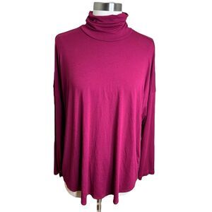 Eileen Fisher Top Womens L Magenta Viscose Jersey Scrunch Turtleneck Long Sleeve